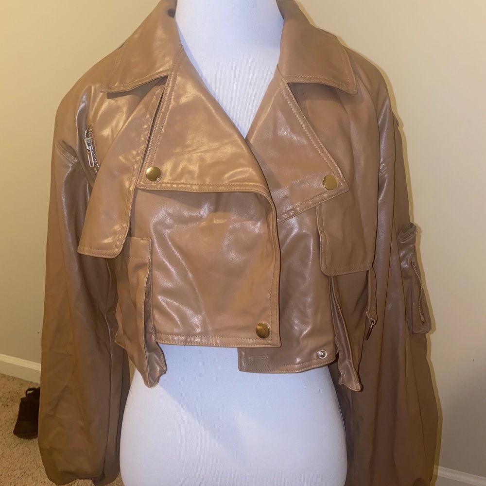 Tan Faux Leather Crop Biker Jacket